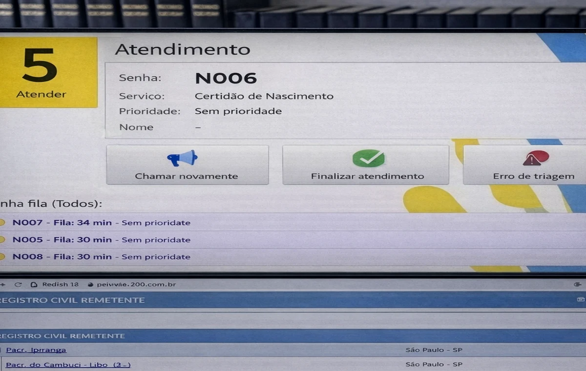 Tela com fila de atendimento cheia e muitas anotações acumuladas no sistema