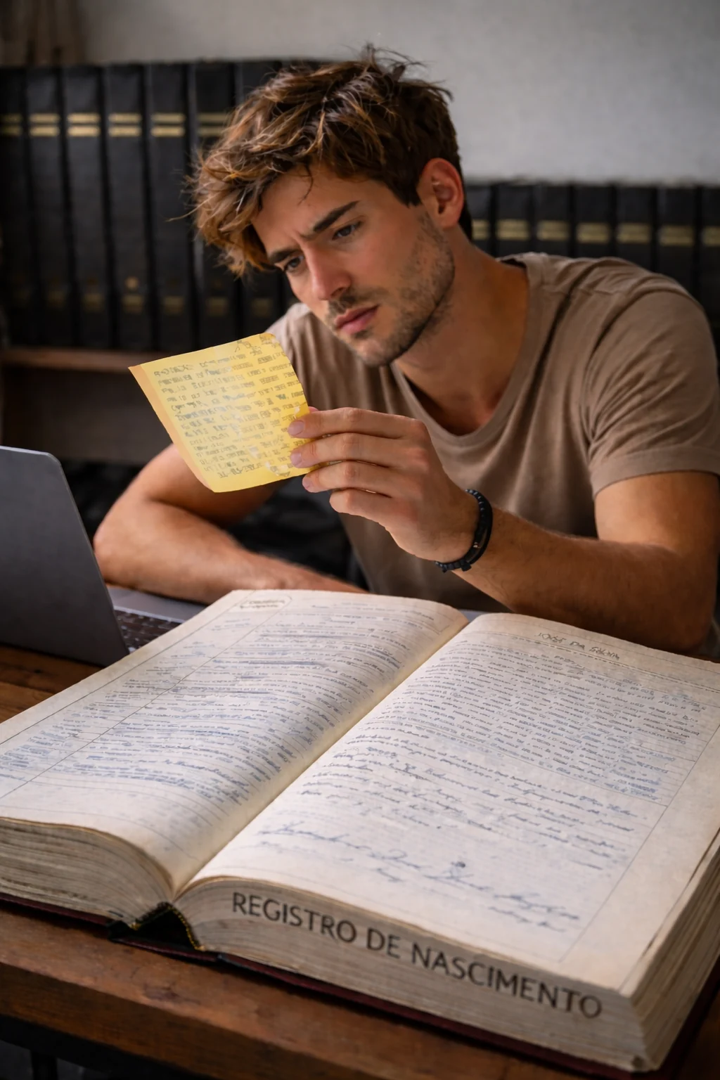 Escrevente cansado revisando anotação manual