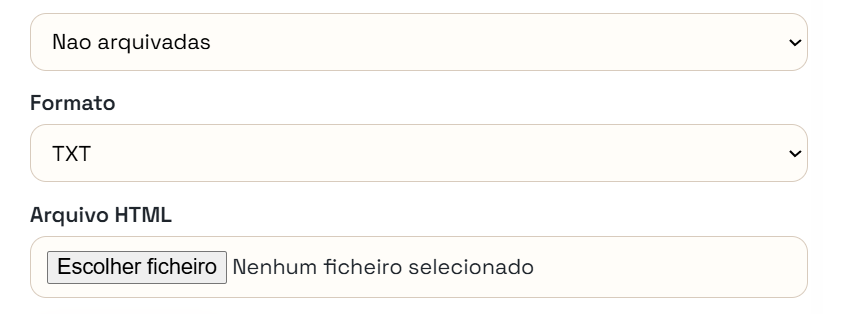Tela para escolher o modo e o formato de importação